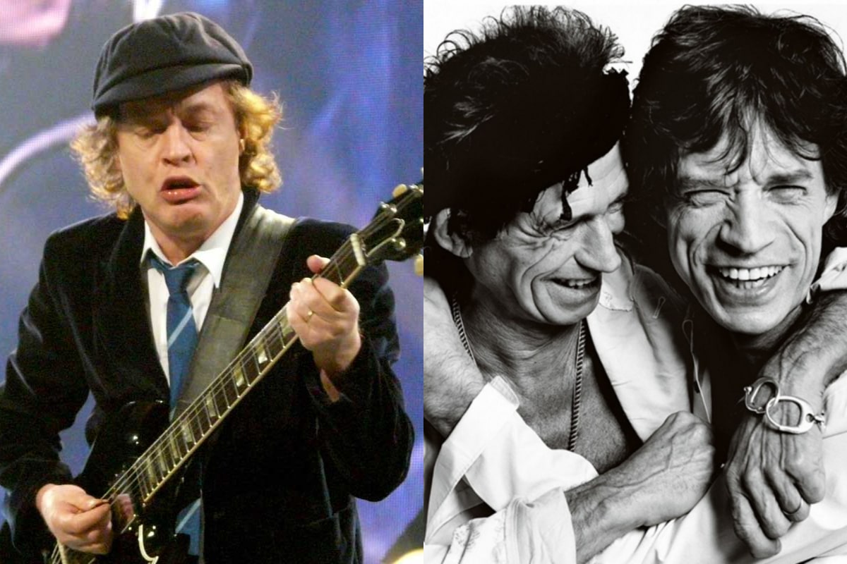 Angus Young de AC/DC; Keith Richards y Mick Jagger