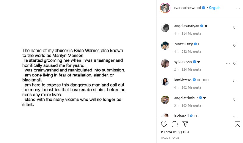 Publicación de Evan Rachel Wood en Instagram