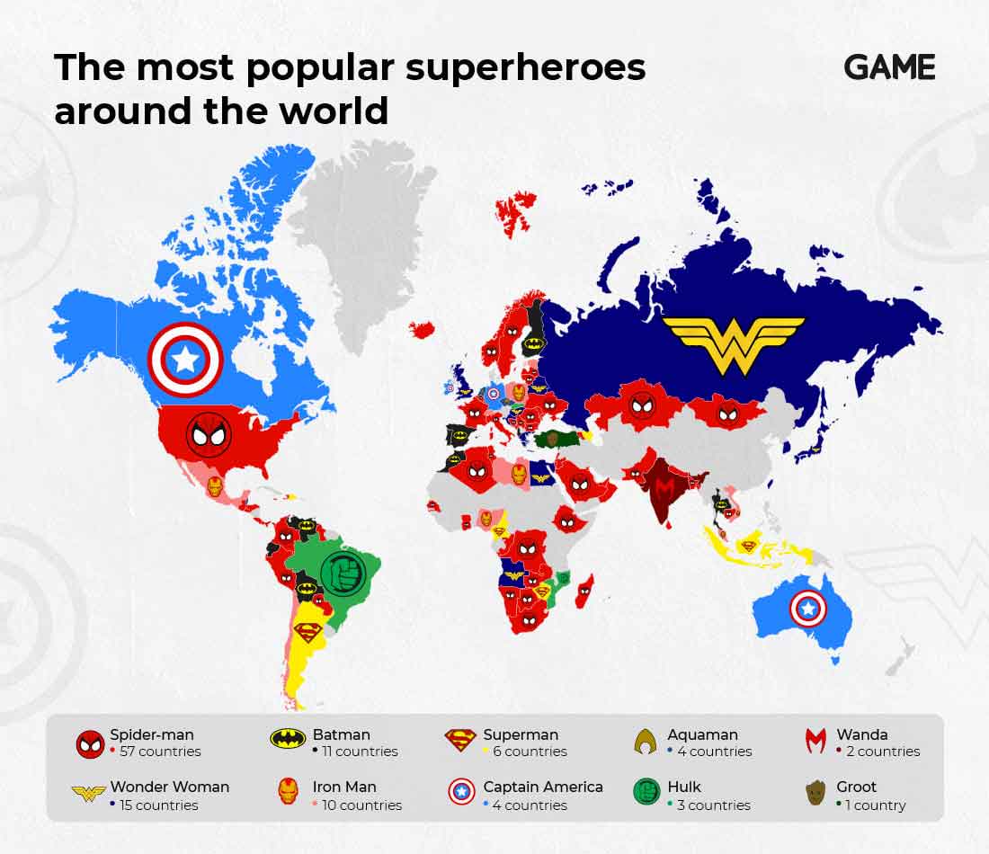 Mapa con los superhéroes más populares alrededor del mundo
