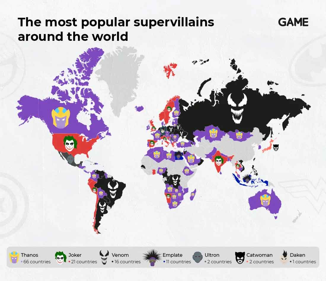 Mapa con los villanos más populares alrededor del mundo