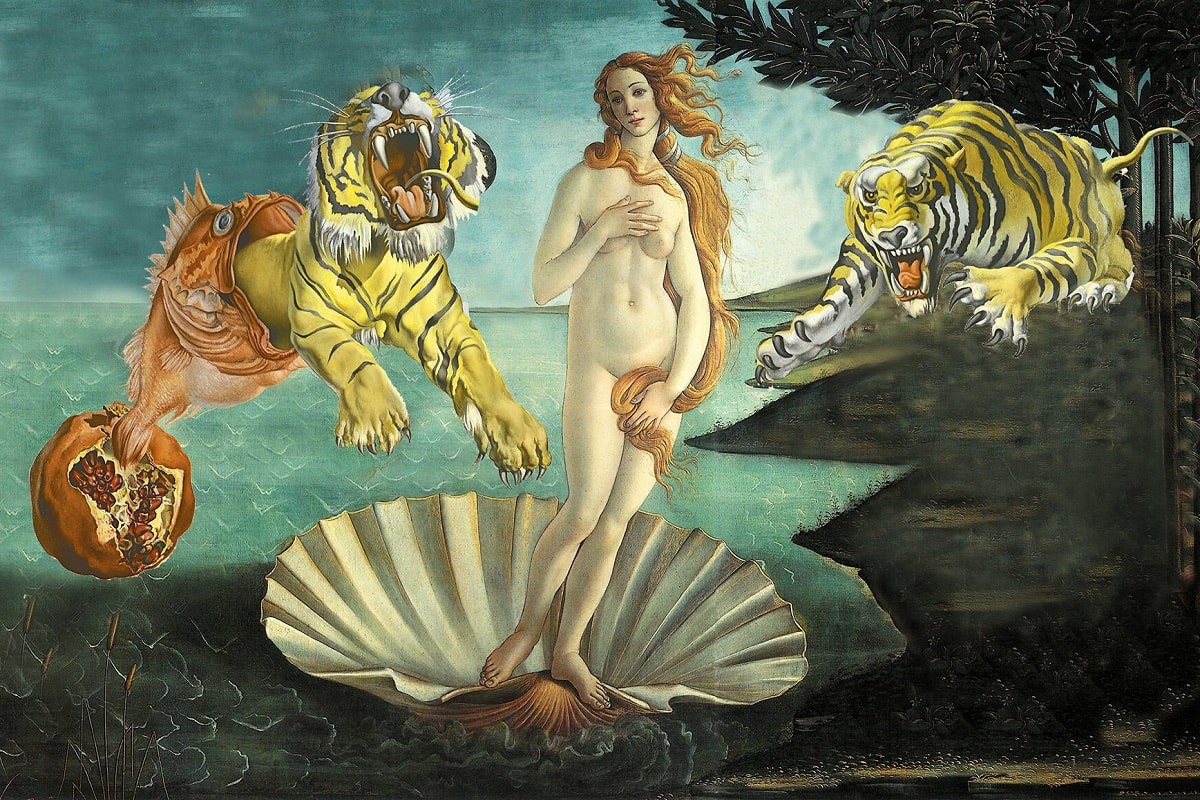 "Woman I" une la venus de Sandro Botticelli con tigres gruñendo pintados por Salvador Dalí en "Sueño causado por el vuelo de una abeja alrededor de una granada un segundo antes de despertar" (1944)