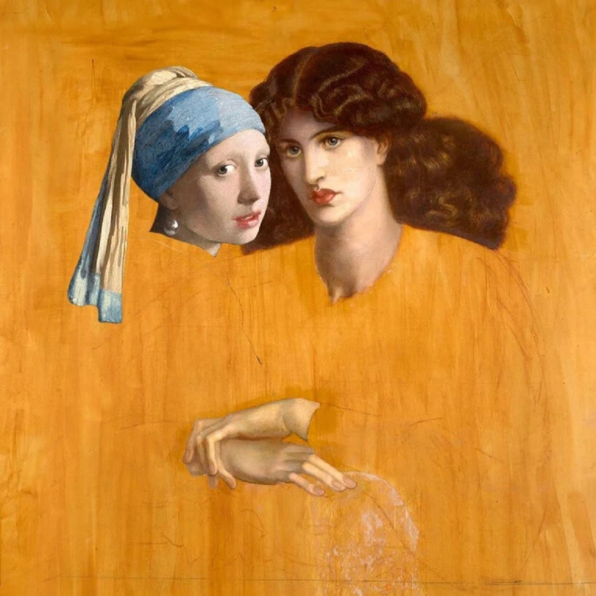 "Spotted!", una obra que junta "La Donna della Finestra" (1879) de Dante Gabriel Rossetti con la famosa "La joven de la perla" (1665) del artista holandés Johannes Vermeer. 