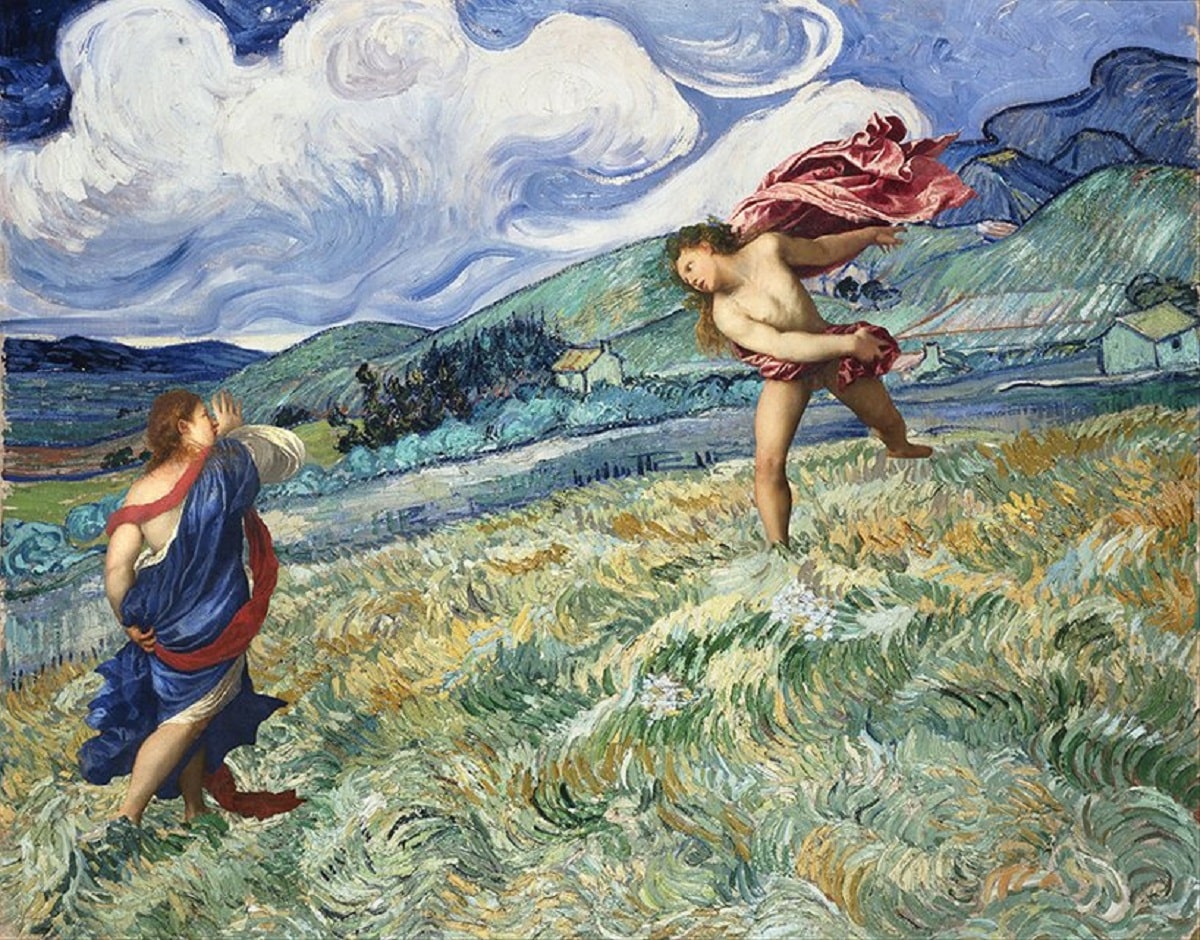 "The storm is coming", trabajo donde une "Paisaje montañoso detrás del Hospital de San Pablo" (1889) de Vincent van Gogh y "Bacco y Ariadna" (1520) de Tiziano
