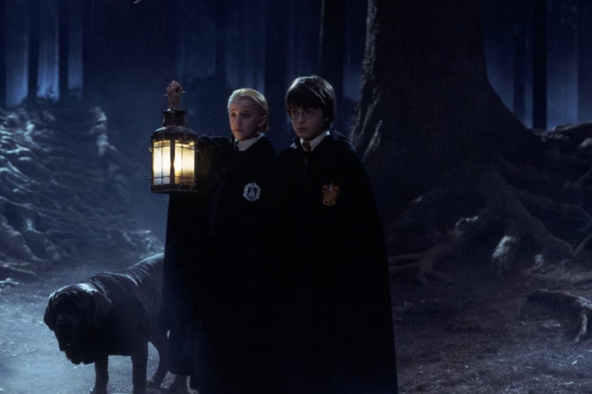 Tom Felton y Daniel Radcliffe en Harry Potter y la piedra filosofal