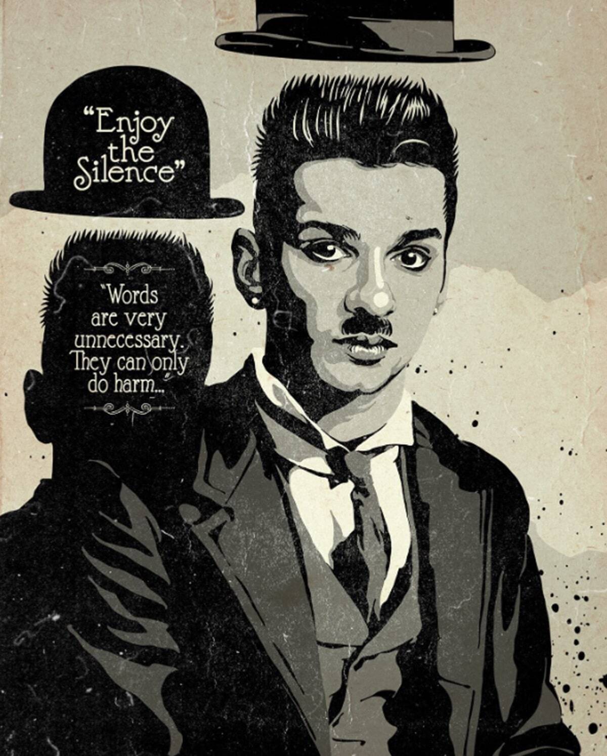 Dave Gahan de Depeche Mode en el póster de la película de Charlie Chaplin The Tramp con la letra de "Enjoy the Silence”.