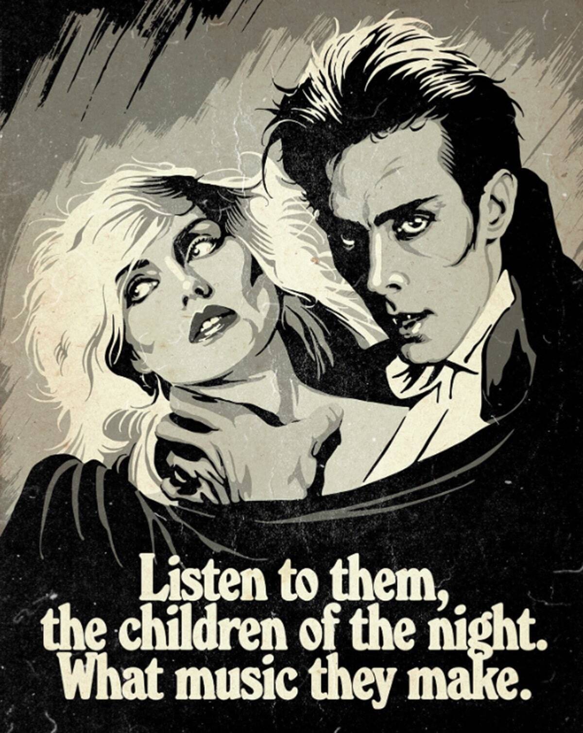 Debbie Harry de Blondie y Peter Murphy de Bauhaus en el cartel de la película Drácula de Bela Lugosi con una cita de Bram Stoker