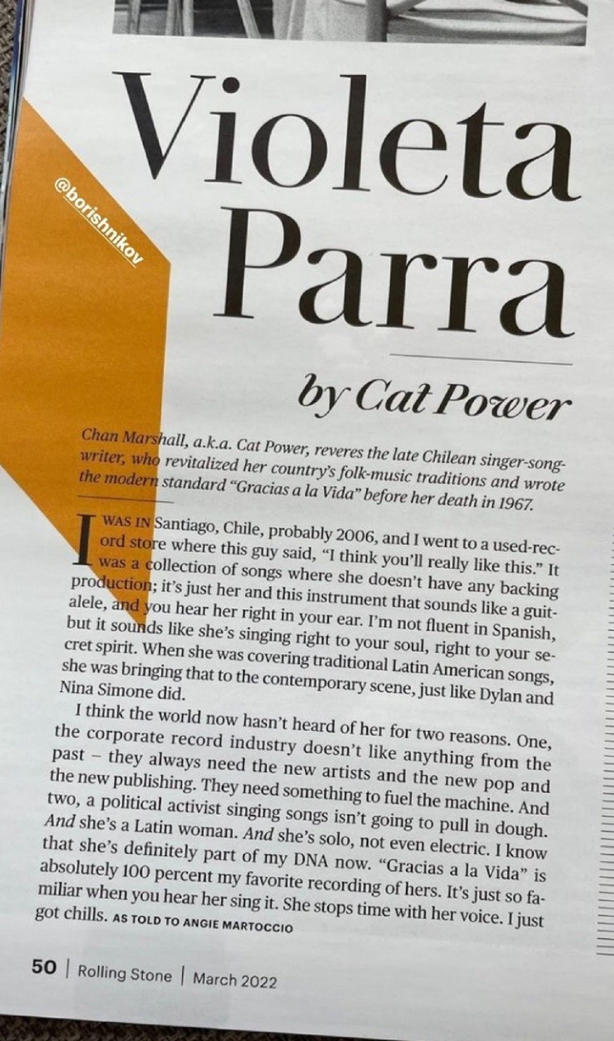Fragmento de la nota de Cat Power sobre Violeta Parra.