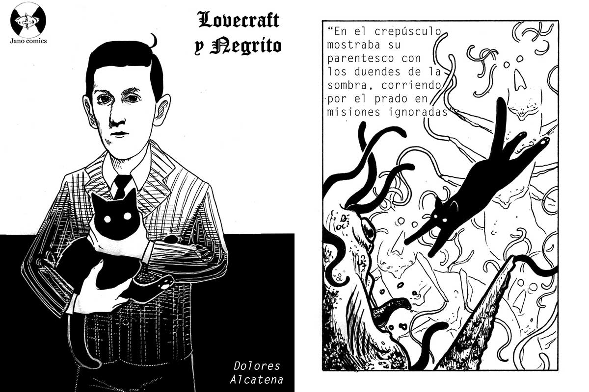 Tapa e interiores de Lovecraft y Negrito, historieta de Dolores Alcatena