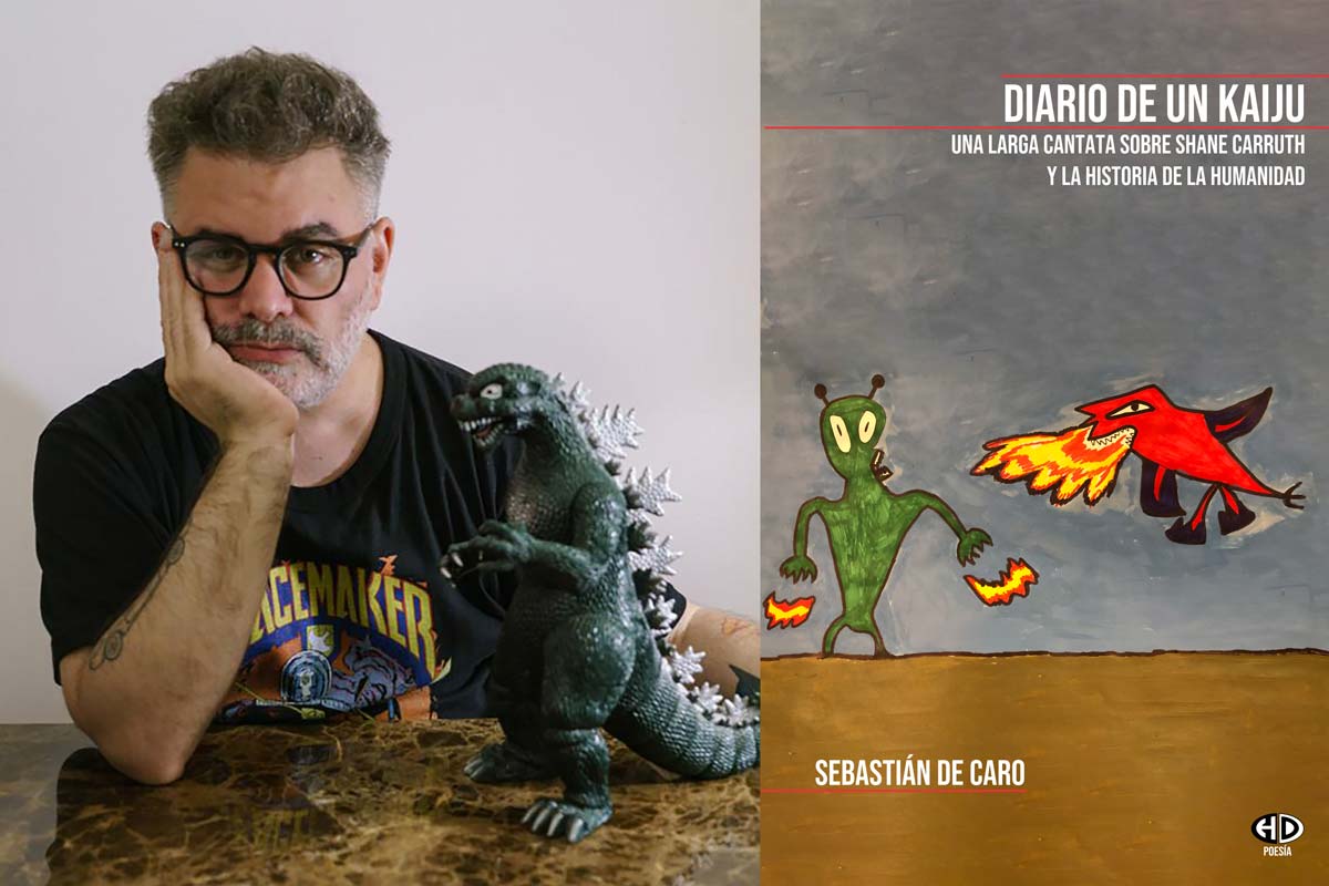 Sebastián De Caro y la portada de su libro Diario de un Kaiju