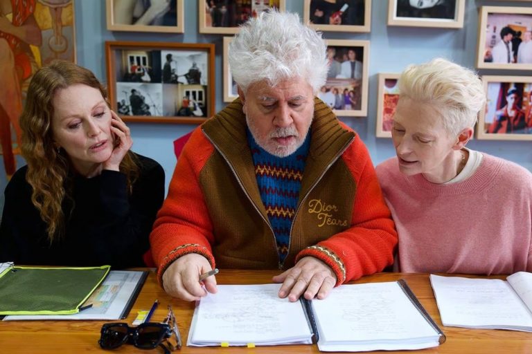 Julianne Moore, Pedro Almodóvar y Tilda Swinton