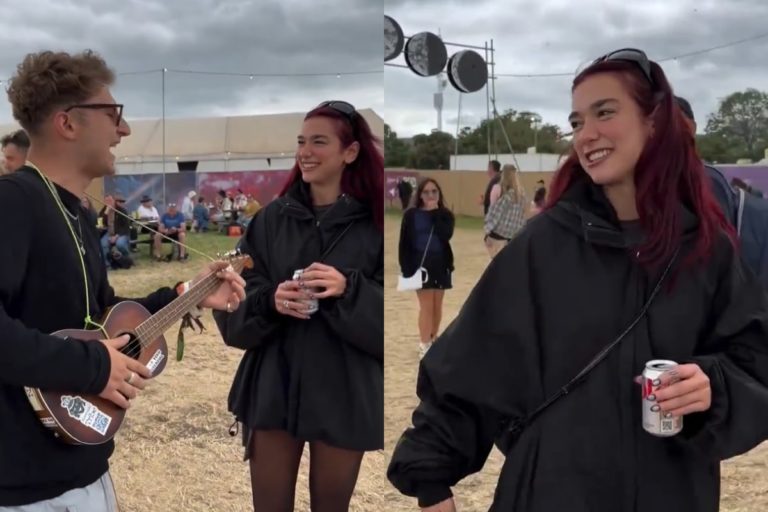 Dua Lipa en Glastonbury con un fan que toca el ukelele