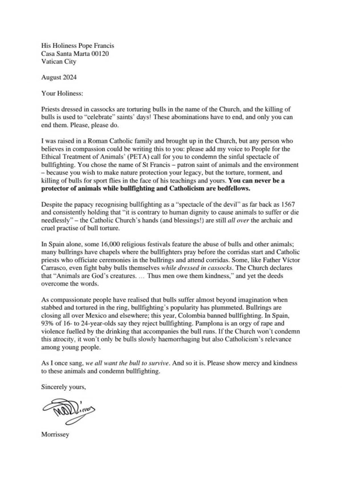 La carta de Morrissey al Papa Francisco