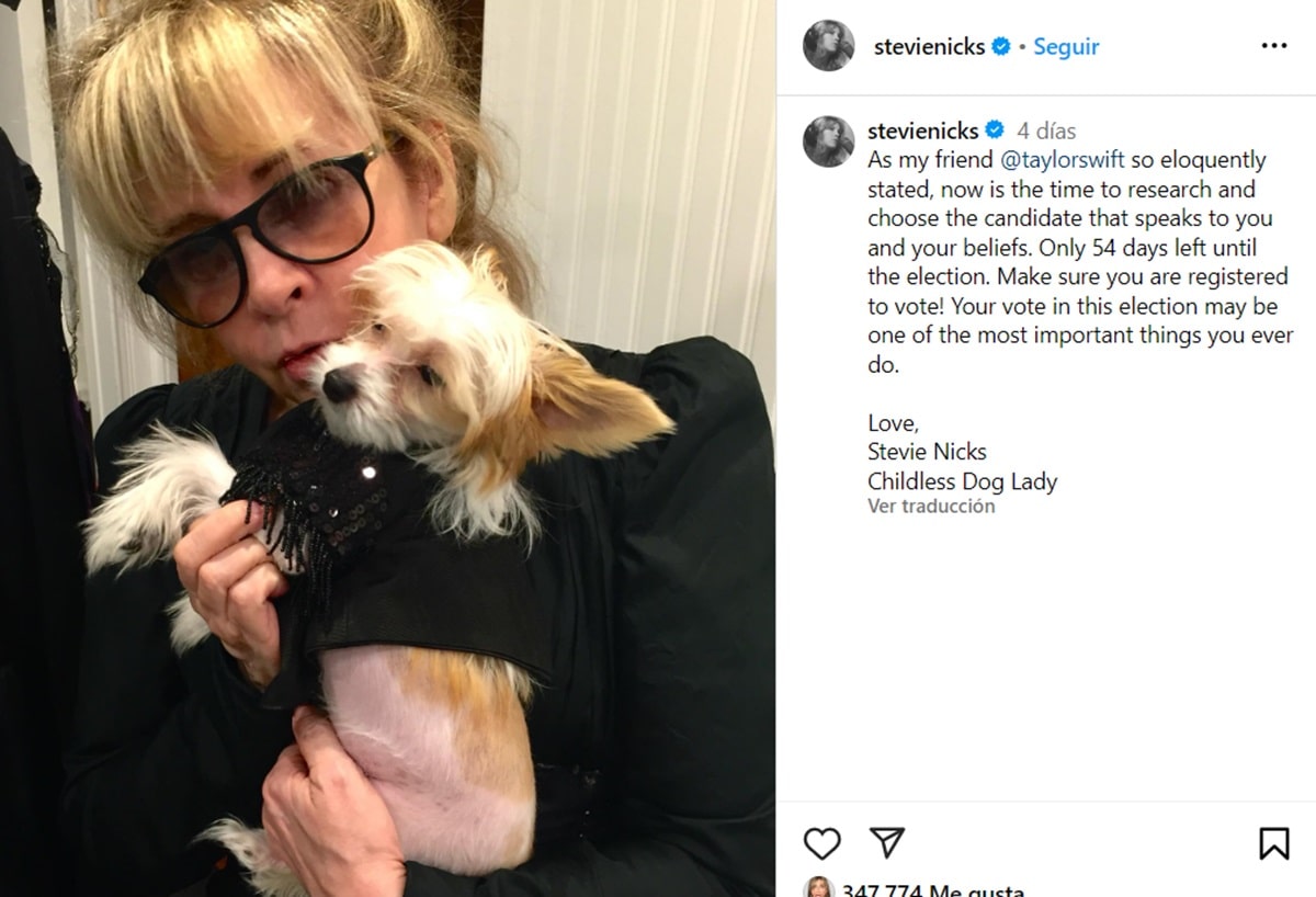 Mensaje de Stevie Nicks en Instagram apoyando a Taylor Swift y Kamala Harris