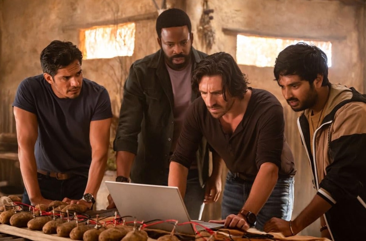 Nicholas Gonzalez, Chiké Okonkwo, Eoin Macken y Rohan Mirchandaney en La brea (2021)