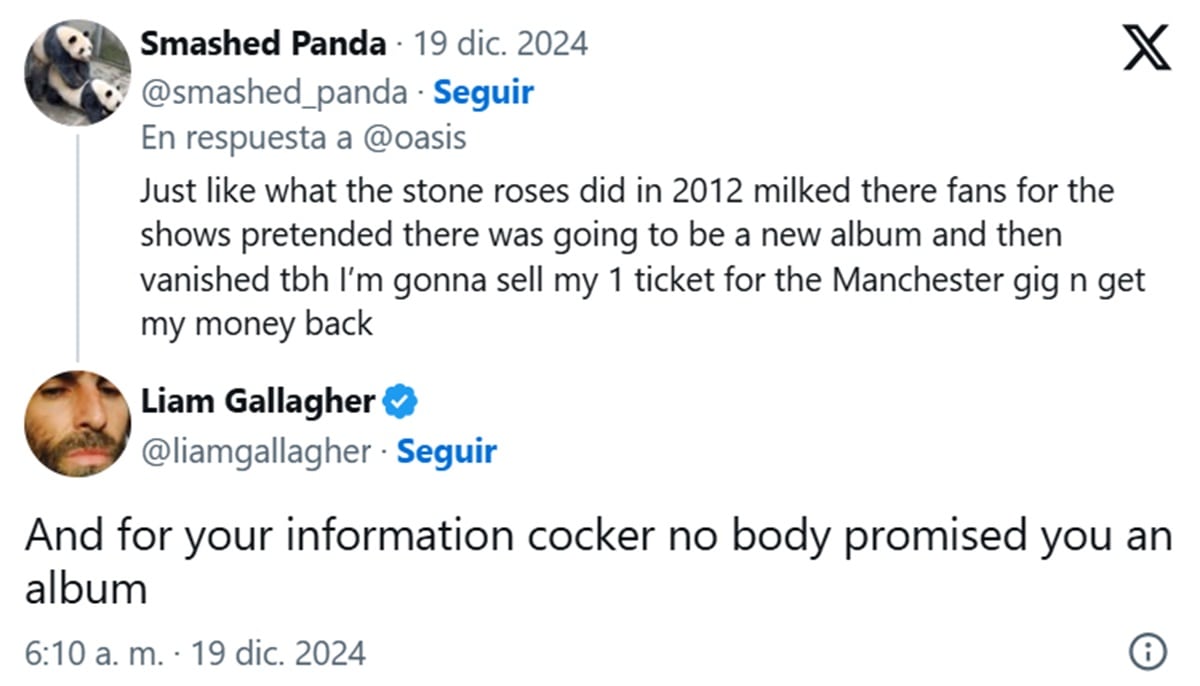 tweet de Liam Gallagher sobre un disco de Oasis