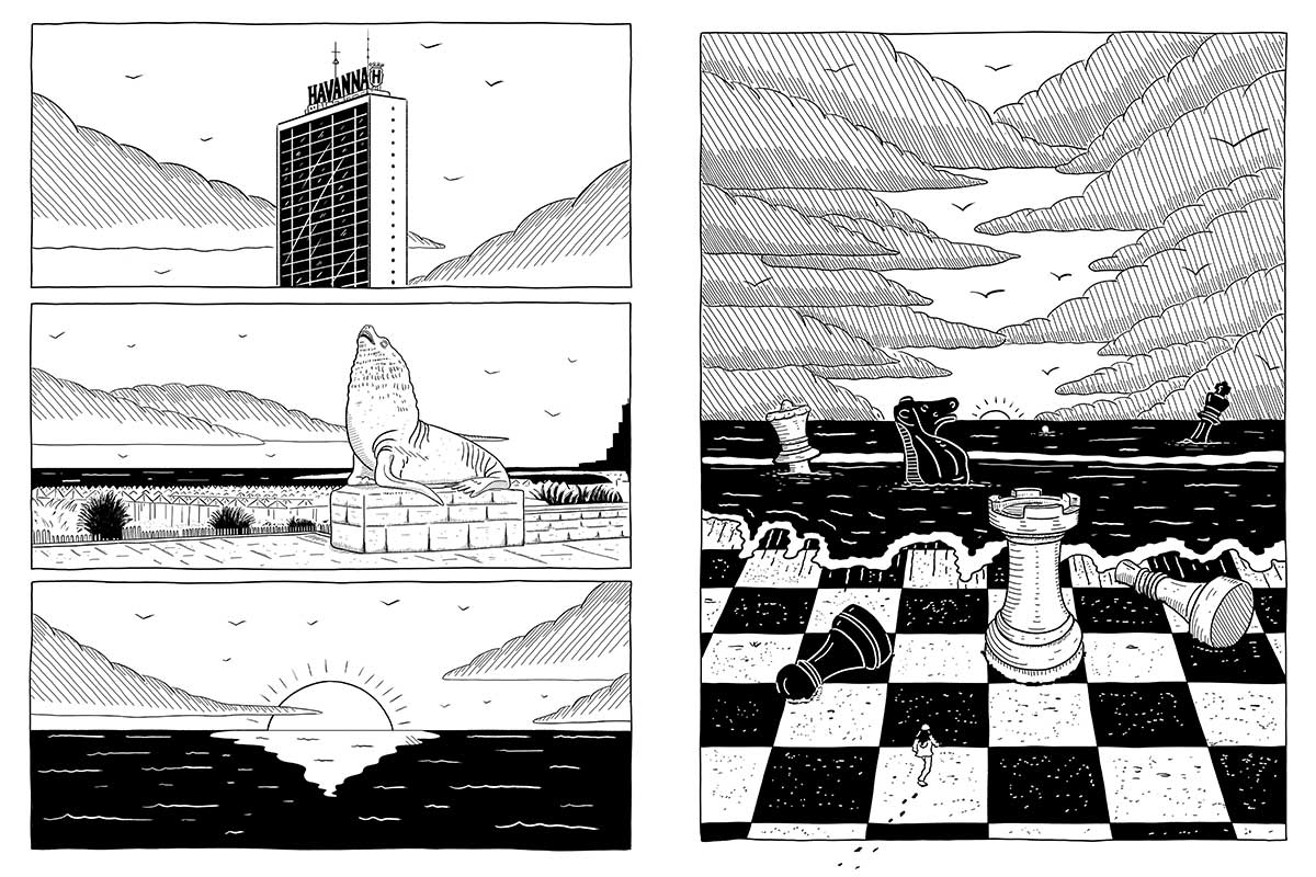 Interiores de La culpa la tuvo Charly García, novela gráfica de Martín Ameconi