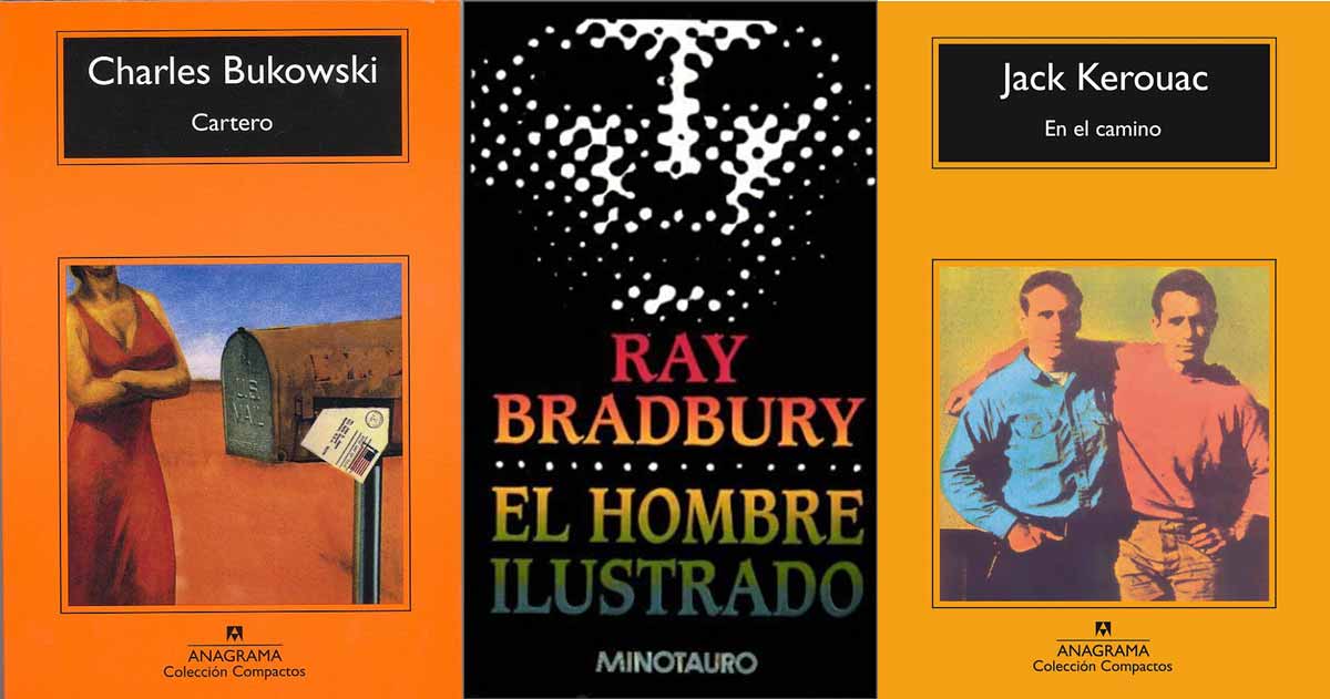 libros de Jack Kerouac y Ray Bradbury y Charles Bukowski