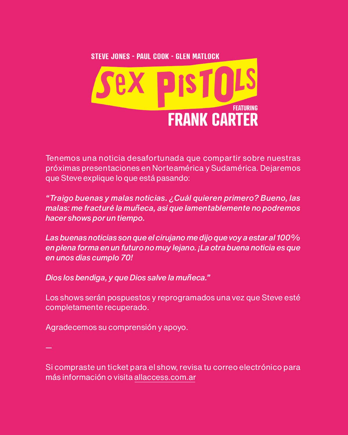 Sex Pistols reprograma su show en Buenos Aires