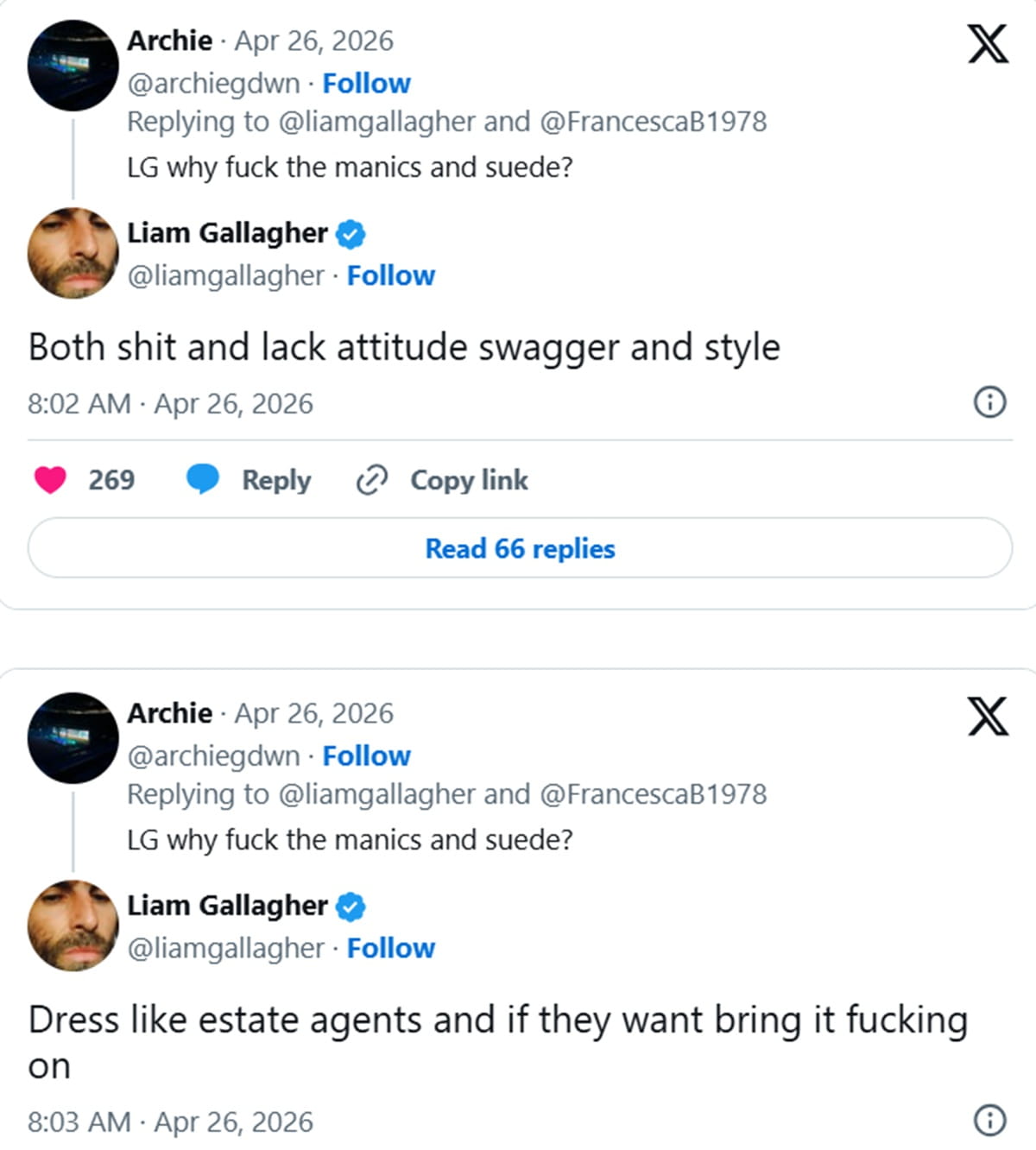 Los tweets de Liam Gallagher contra Suede y Manic Street Preachers