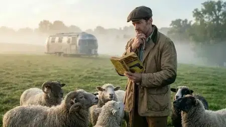 Hugh Jackman leyendo un libro en la película Las ovejas detectives