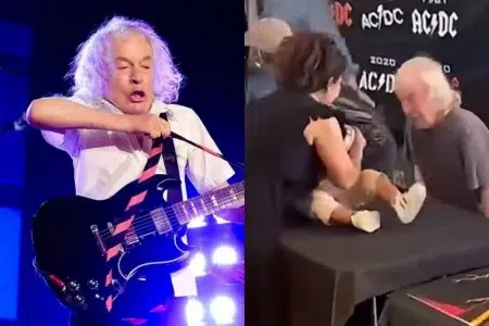 Angus Young tocando la guitarra / Angus Young firmando un bebé