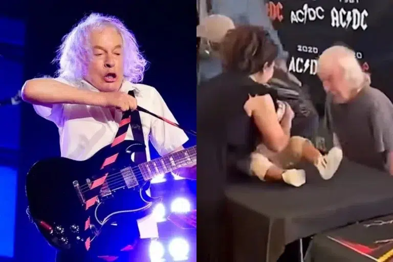 Angus Young tocando la guitarra / Angus Young firmando un bebé
